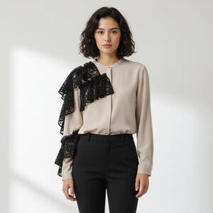 Molly Taffeta Women's Blouse Top Lace Ruffle Beige Size M NWT
